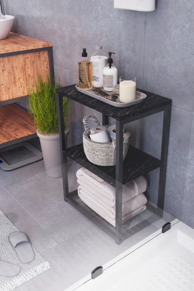 interGO Metal Ayaklı ve Ahşap Raflı Dekoratif Banyo Rafı - 3