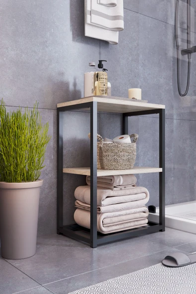 interGO Metal Ayaklı ve Ahşap Raflı Dekoratif Banyo Rafı