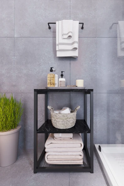 interGO Metal Ayaklı ve Ahşap Raflı Dekoratif Banyo Rafı - 5