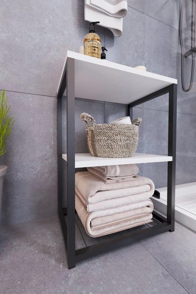 interGO Metal Ayaklı ve Ahşap Raflı Dekoratif Banyo Rafı - 6