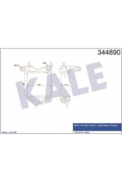 Kale 344890 OTO Radyatör  Turbo Radyatörü Idea 04- 1.3 Mjtd Punto II 03- / Musa 04- 207X193X64