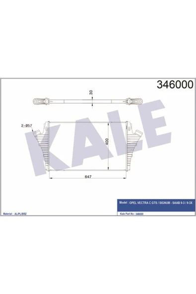 Kale 346000 OTO Radyatör  Turbo Radyatörü Vectra C 02- 16V Turbo 2.2 16V Dtı Sıgnum 02- 650X397.4X20
