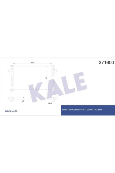 Kale 371600 OTO Radyatör  Su Radyatörü Laguna II 05- 2.0 16V Turbo 2.2 DCI Espace IV 02- 670X415X32