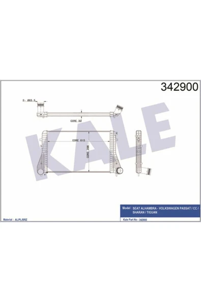 Kale 342900  Turbo Radyatörü Passat B6 B7 Cc 1.6 TDI 2.0 TDI 1.4 Tsı 10- Tiguan 07- 10- 615X398X32 ürün görseli 1