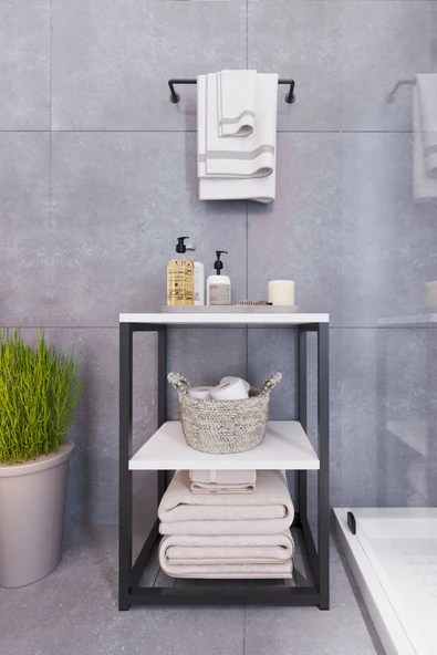 interGO Metal Ayaklı ve Ahşap Raflı Dekoratif Banyo Rafı - 5