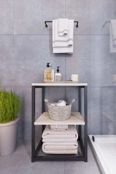 interGO Metal Ayaklı ve Ahşap Raflı Dekoratif Banyo Rafı - 5