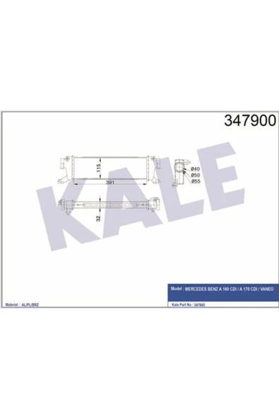 Kale 347900  Turbo Radyatörü A-Class 97- W168 A160 Cdı A170 Cdı Vaneo 02- 1.7 Cdı 391X115X32