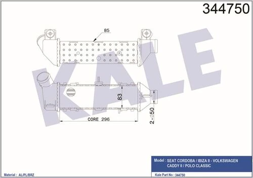 Kale 344750 OTO Radyatör  Turbo Radyatörü Polo Classıc 99-01 1.9 TDI Caddy II 00-03 1.9 TDI / Cordoba 99- Ibiza II 99- 295X95X85