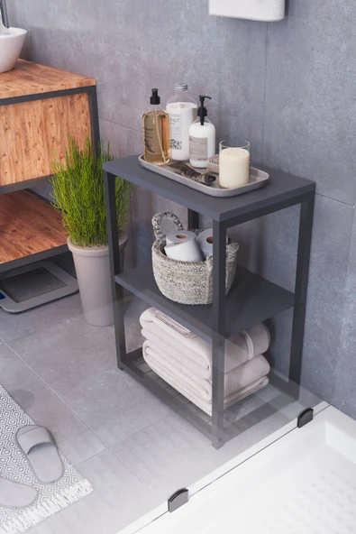 interGO Metal Ayaklı ve Ahşap Raflı Dekoratif Banyo Rafı - 3