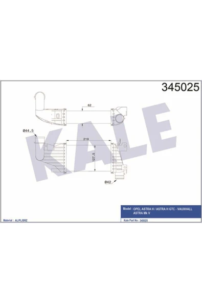 Kale 345025 OTO Radyatör  Turbo Radyatörü Astra H 1.7 Cdtı 04-06 218X126X62 ürün görseli 1
