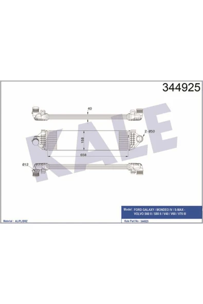 Kale 344925  Turbo Radyatörü S-Max 06- 1.6 Ecoboost Mondeo IV 07- Galaxy III 07- 10- S80   38079900