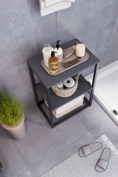 interGO Metal Ayaklı ve Ahşap Raflı Dekoratif Banyo Rafı - 4