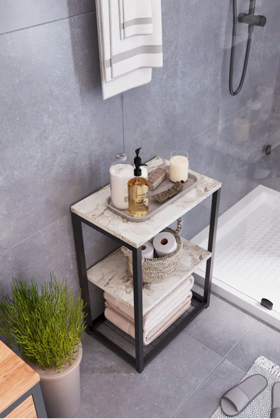 interGO Metal Ayaklı ve Ahşap Raflı Dekoratif Banyo Rafı - 7