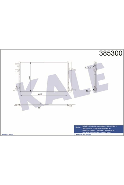 Kale 385300  Klima Radyatörü Astra J 09- 1.4 1.6 16V Turbo 1.6 Cdtı 1.7 Cdtı 2.0 1.4 1.6   38023184