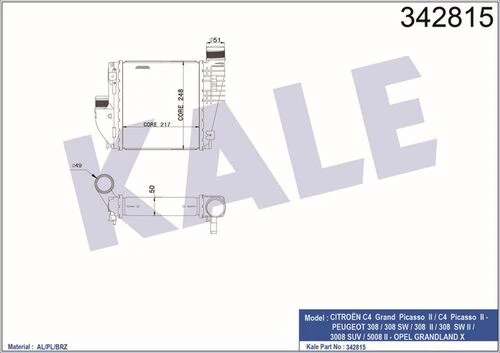 Kale 342815 OTO Radyatör  Turbo Radyatörü 308 13- 1.2 Thp 1.2 Vtı 1.6 HDI 1.6 Thp 1.6 Bl Thp 1.6 Isıtma Soğutma Sistemleri 38079548