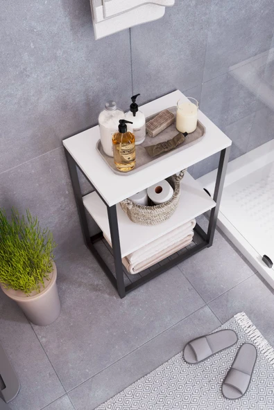 interGO Metal Ayaklı ve Ahşap Raflı Dekoratif Banyo Rafı - 4