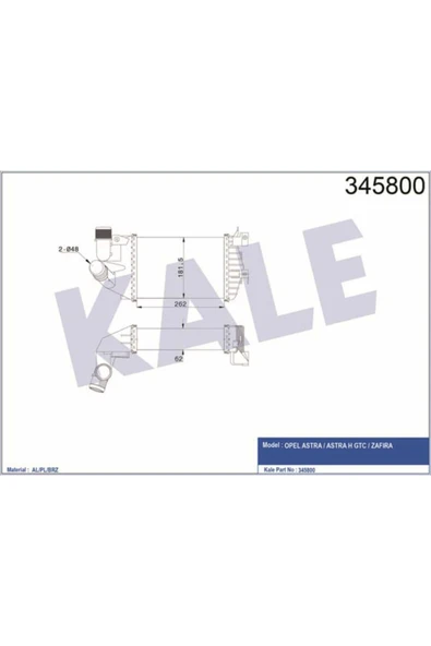 Kale 345800  Turbo Radyatörü Astra H 04- 1.3 Cdtı 1.7 Cdtı 1.9 Cdtı Zafira B 05- 1.9Cdtı 262X181.5X62