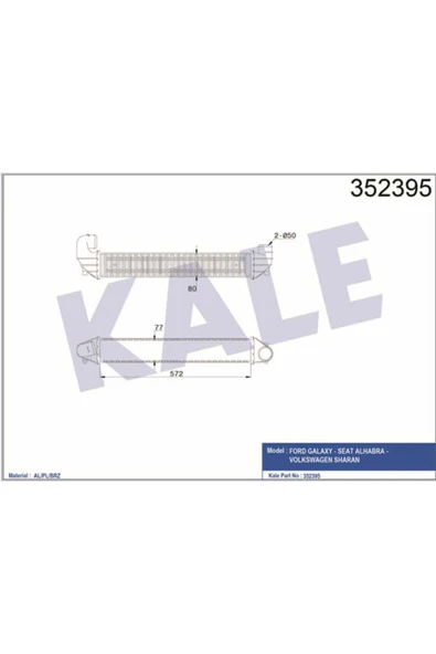 Kale 352395  Turbo Radyatörü Intercooler Ford Galaxy - Seat Alhabra - Volkswagen Sharan 1.9 TDI 00-03