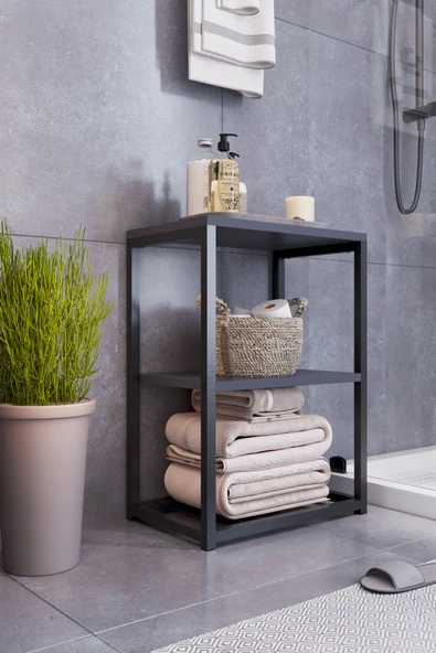 interGO Metal Ayaklı ve Ahşap Raflı Dekoratif Banyo Rafı