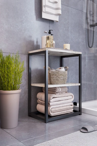 interGO Metal Ayaklı ve Ahşap Raflı Dekoratif Banyo Rafı