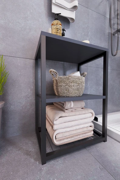 interGO Metal Ayaklı ve Ahşap Raflı Dekoratif Banyo Rafı - 6