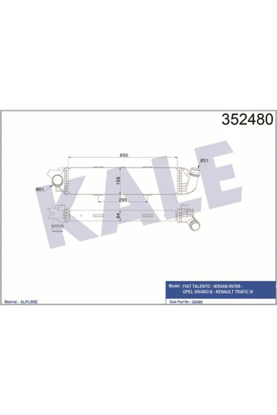 Kale 352480 OTO Radyatör  Turbo Radyatörü Renault Trafic III Opel Vivaro 1.6DCI 650×157×64