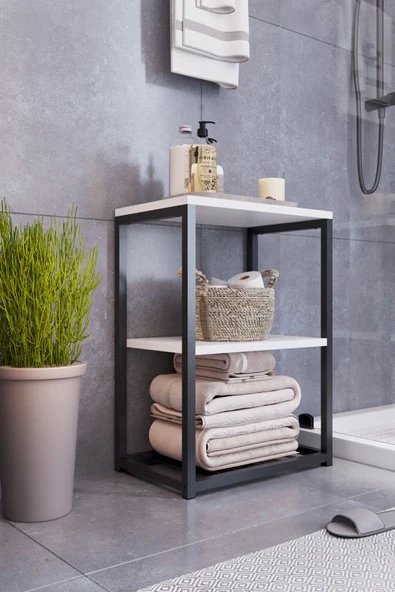 interGO Metal Ayaklı ve Ahşap Raflı Dekoratif Banyo Rafı