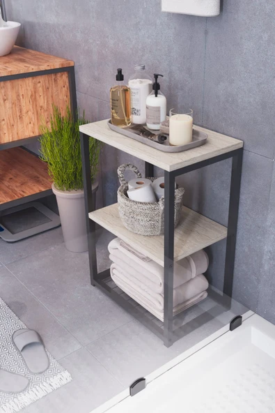 interGO Metal Ayaklı ve Ahşap Raflı Dekoratif Banyo Rafı - 3