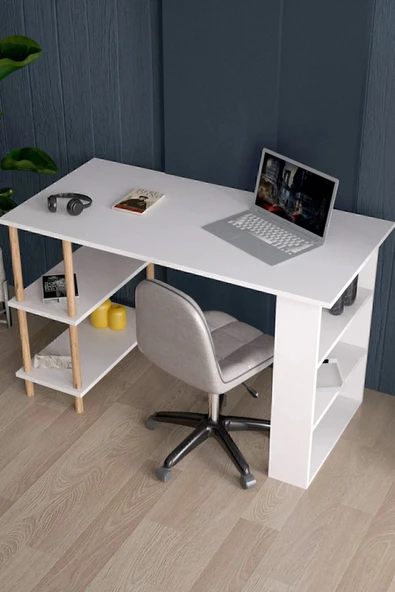 interGO Çalışma Masası Bilgisayar Masası Ofis Ders Yemek Masası 4 Raflı Ahşap Ayaklı - Beyaz