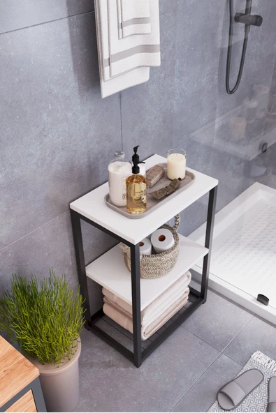 interGO Metal Ayaklı ve Ahşap Raflı Dekoratif Banyo Rafı - 7