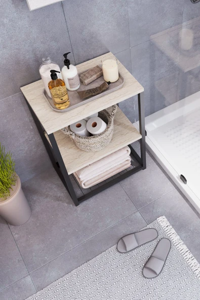 interGO Metal Ayaklı ve Ahşap Raflı Dekoratif Banyo Rafı - 4