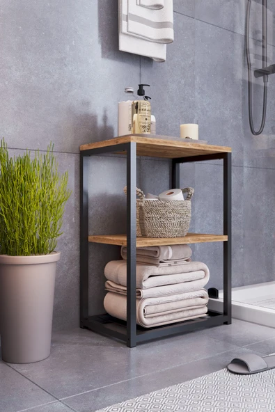 interGO Metal Ayaklı ve Ahşap Raflı Dekoratif Banyo Rafı - 1
