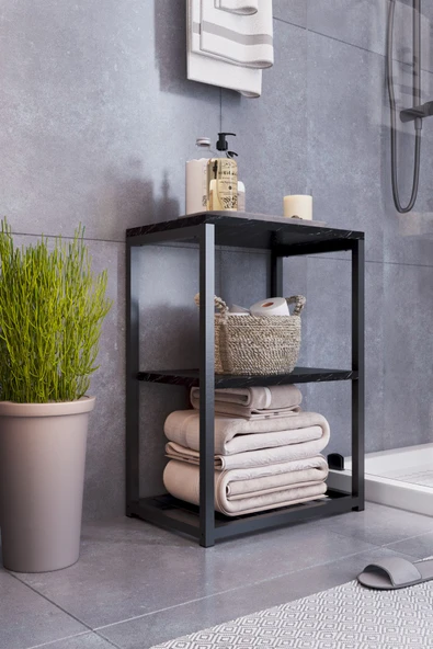 interGO Metal Ayaklı ve Ahşap Raflı Dekoratif Banyo Rafı