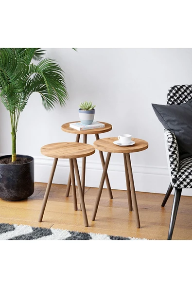 interGO Üçlü Zigon Sehpa Ahşap Ayaklı Yuvarlak Tasarım Atlantik Çam