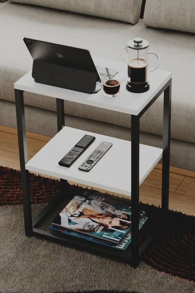 interGO Metal Ayaklı ve Ahşap Raflı Dekoratif Yan Sehpa - Resim 7