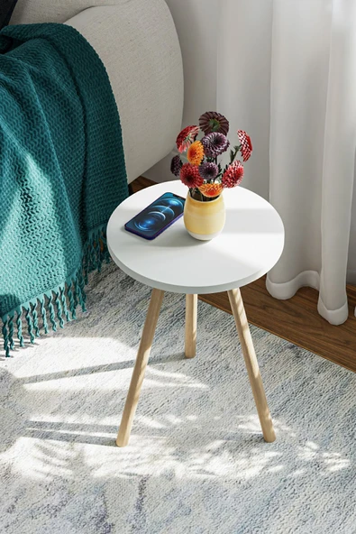 interGO Yuvarlak Yan Sehpa Ahşap Ayaklı Tekli Zigon Sehpa