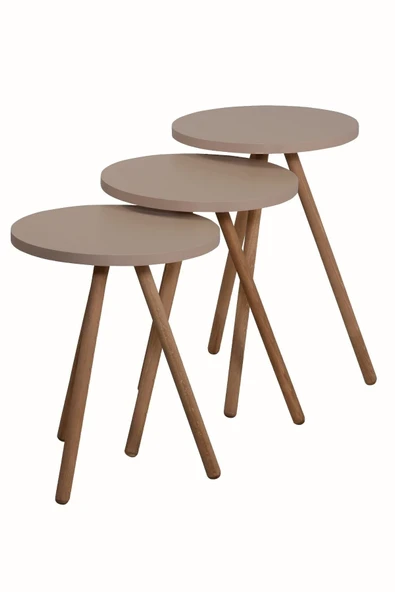 interGO Renkli Üçlü Zigon Sehpa Ahşap Ayaklı Yuvarlak Pastel Tasarım Cappuccino - Resim 4