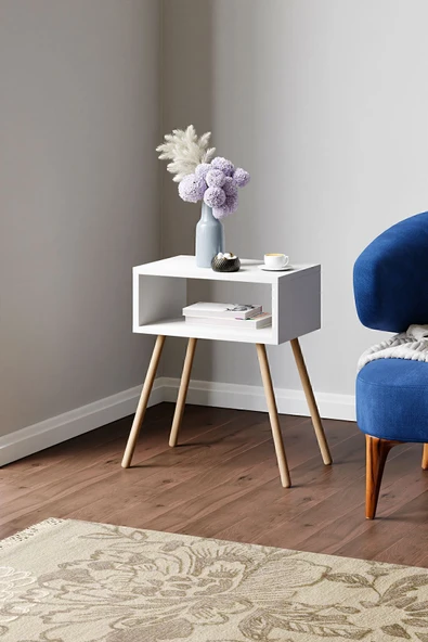 interGO Ahşap Ayaklı Raflı Komodin - Beyaz - 2