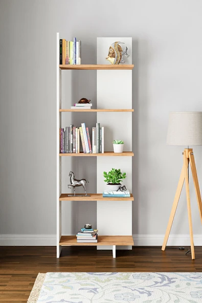interGO Asimetrik Beş Raflı Kitaplık - Beyaz - Atlantik Çam - 2