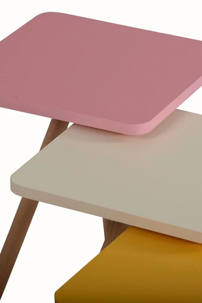 interGO Renkli Üçlü Zigon Sehpa Ahşap Ayaklı Kare Pastel Tasarım Sarı Krem Pembe - 5