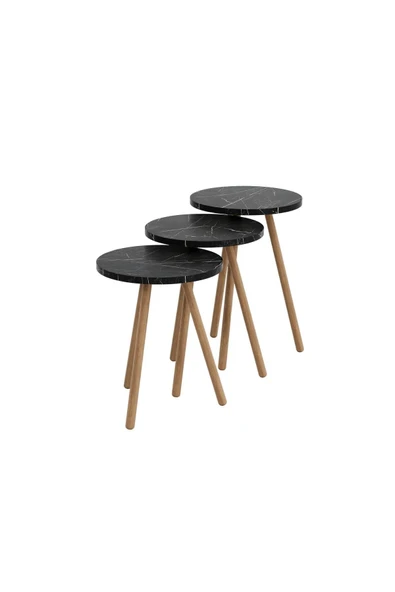 interGO Üçlü Zigon Sehpa Ahşap Ayaklı Yuvarlak Mermer Desenli Tasarım Bendir - 3