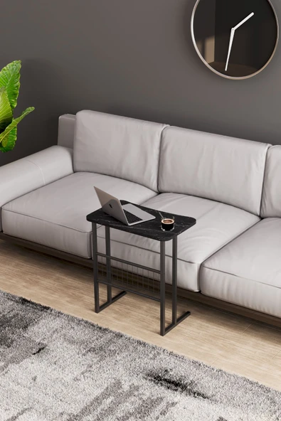 interGO Metal Ayaklı Laptop Sehpası Koltuk Sehpası Kahvaltı Masası Çalışma Sehpası - Siyah Mermer Desenli - 5