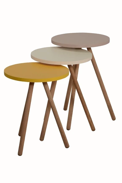 interGO Renkli Üçlü Zigon Sehpa Ahşap Ayaklı Yuvarlak Pastel Tasarım Sarı Krem Cappuccino - Resim 4