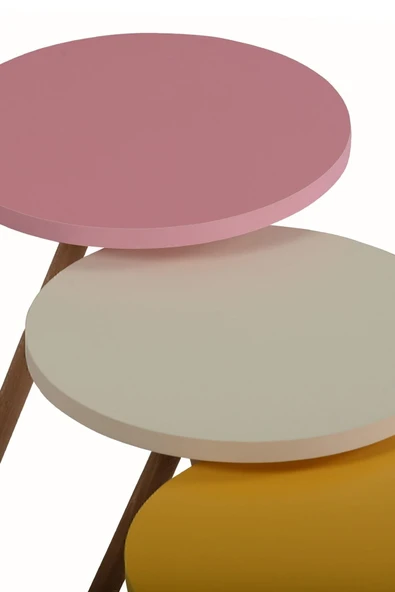interGO Renkli Üçlü Zigon Sehpa Ahşap Ayaklı Yuvarlak Pastel Tasarım Sarı Krem Pembe - 5