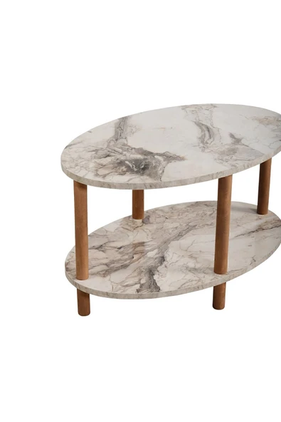interGO Oval Ahşap Ayaklı Iki Katlı Gazetelikli - Krem Mermer Desenli Orta Sehpa - 4