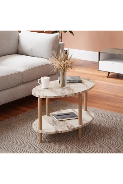interGO Oval Ahşap Ayaklı Iki Katlı Gazetelikli - Krem Mermer Desenli Orta Sehpa
