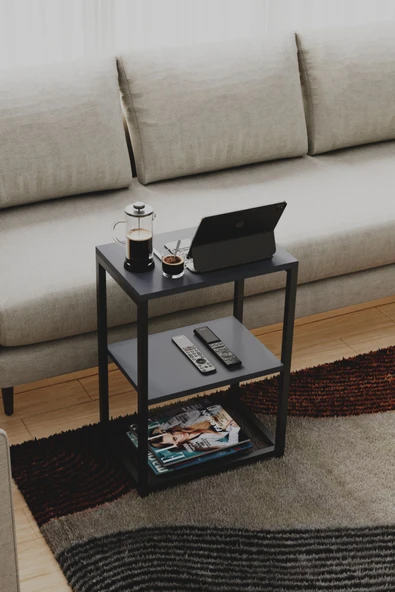 interGO Metal Ayaklı ve Ahşap Raflı Dekoratif Yan Sehpa - 4