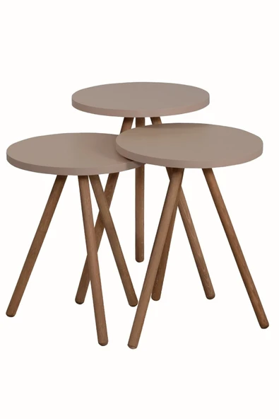 interGO Renkli Üçlü Zigon Sehpa Ahşap Ayaklı Yuvarlak Pastel Tasarım Cappuccino - Resim 3