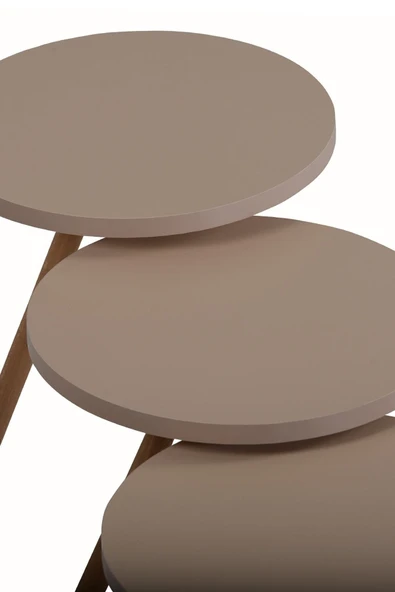 interGO Renkli Üçlü Zigon Sehpa Ahşap Ayaklı Yuvarlak Pastel Tasarım Cappuccino - Resim 5