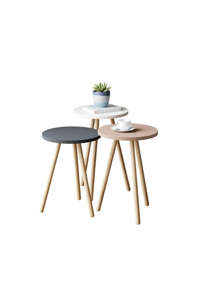 interGO Renkli Üçlü Zigon Sehpa Ahşap Ayaklı Yuvarlak Pastel Tasarım Gri Beyaz Cappuccino - 3